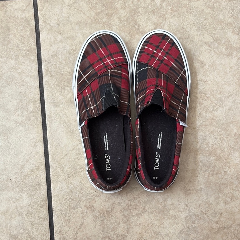 TOMS Black and Red Plaid Slip-Ons